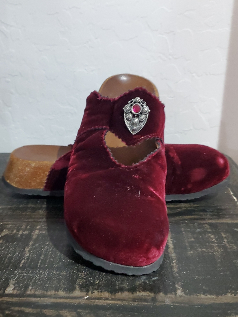 Think! Burgundy Velvet Mules  Decorative Jewel Statement Drama Maximalist